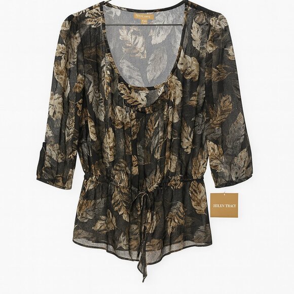 ellen tracy medium sheer lined tunic blouse abstract leaf print drawstring WS50 - Picture 1 of 7